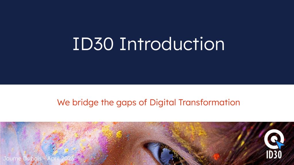 Cover page of the ID30: what we do — Country Assistance, Solution Seeding, Collaborative Labs deck